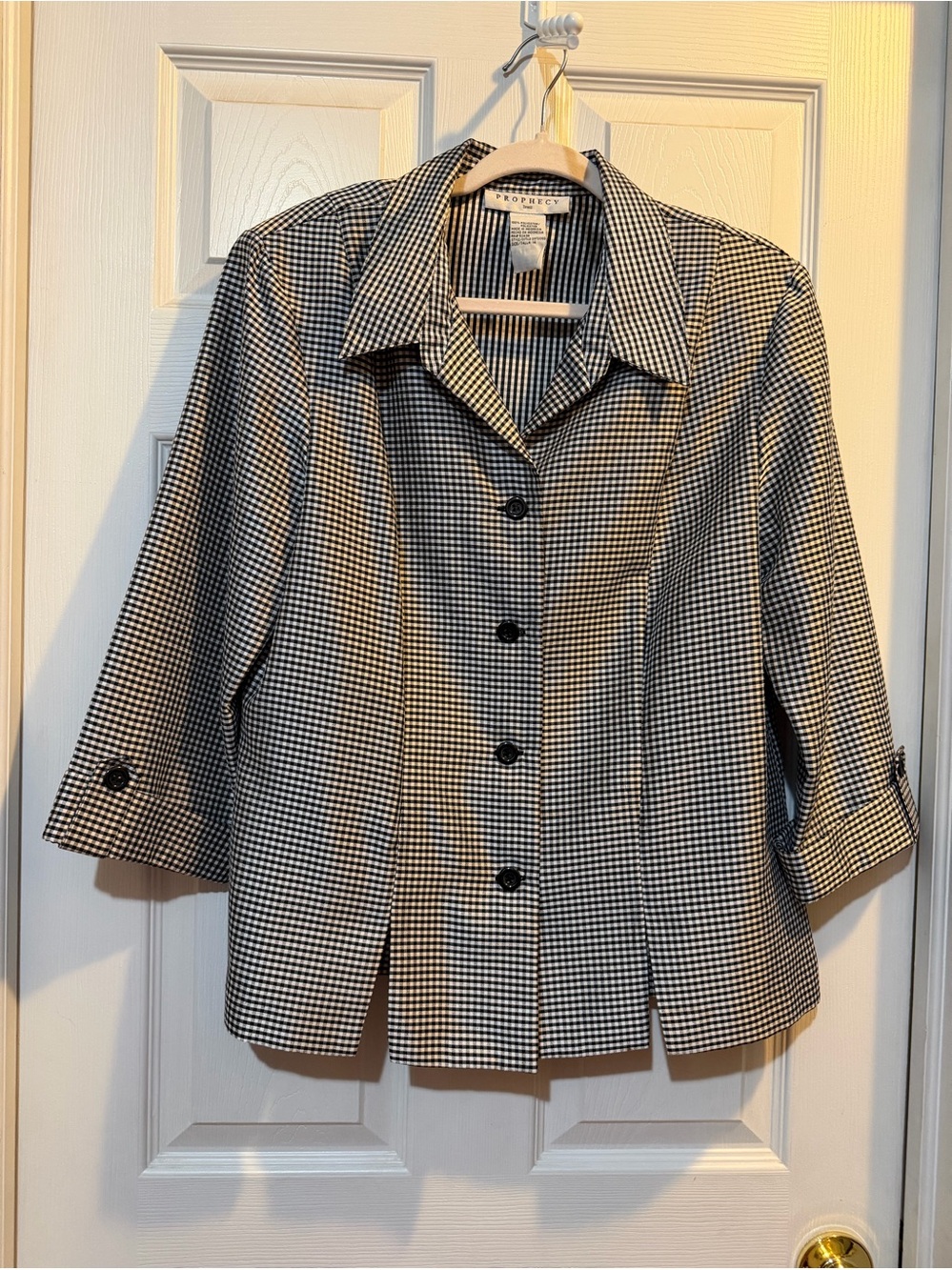 Vtg Prophecy Women’s Black/White Gingham 3/4 Sleeve  Jacket 14 shoulder pads